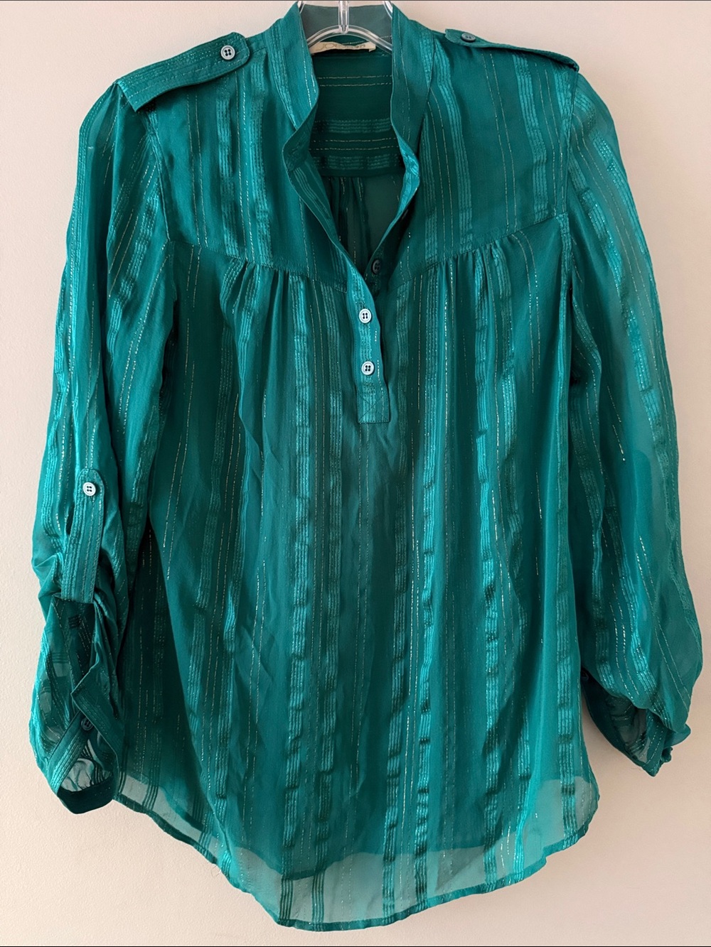 Joe's Jeans Teal Sheer Metallic-Striped Button Front Blouse